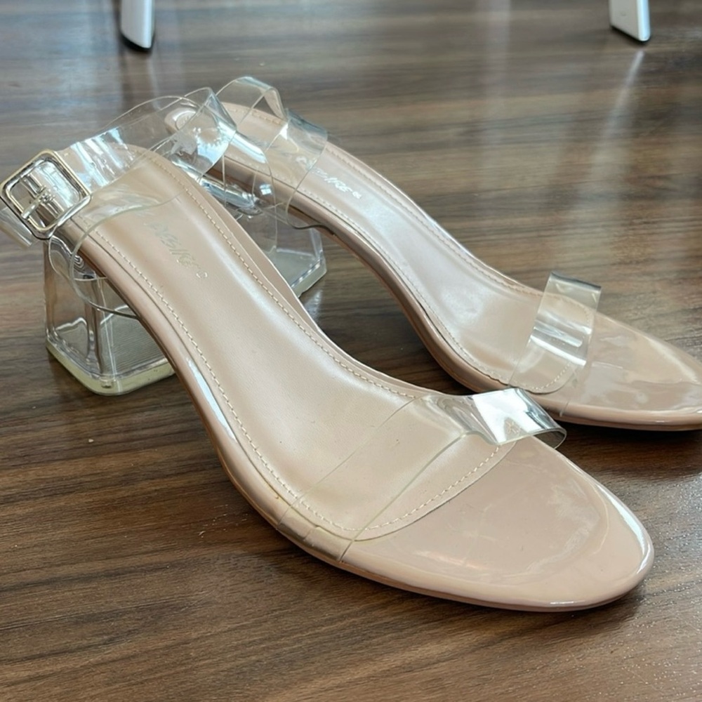 Never worn- adjustable strap- mid block heel- open toe